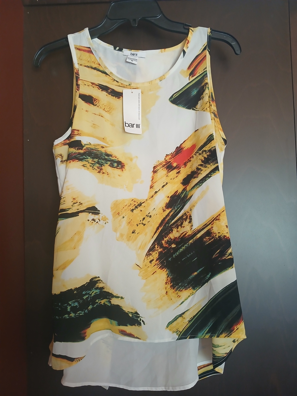 Bar III White & Yellow Abstract Print Sleeveless Top